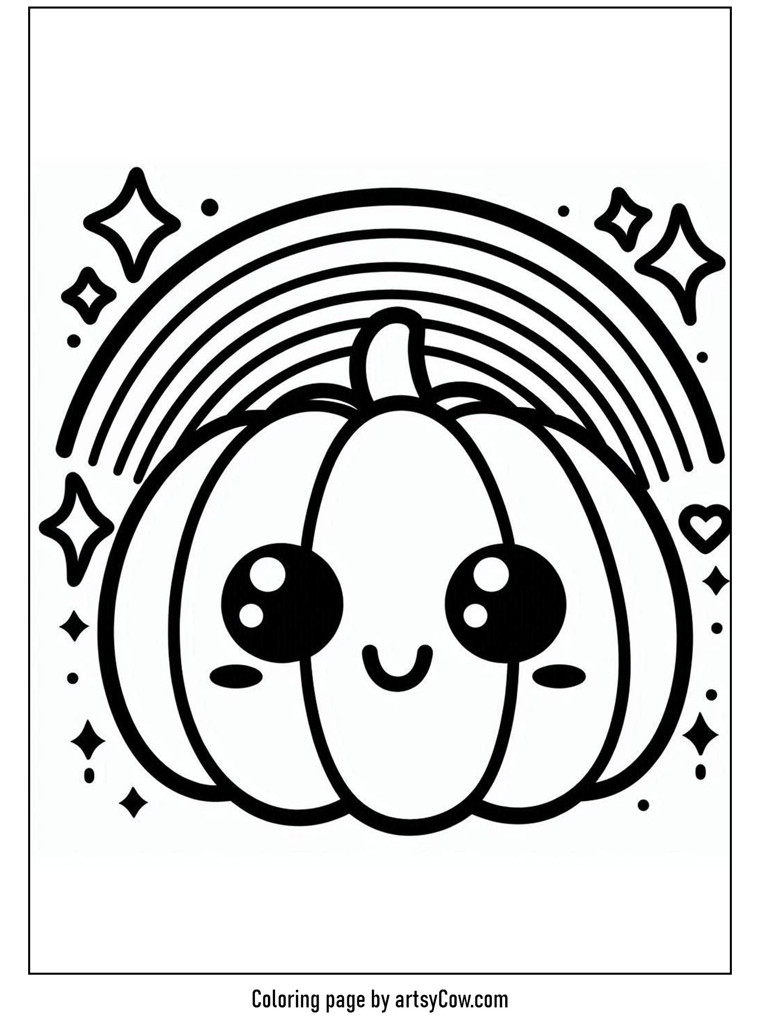 halloween coloring pages with jack-o-lantern. This image features a charming jack-o-lantern with a whimsical rainbow and sparkling stars, perfect for young artists.